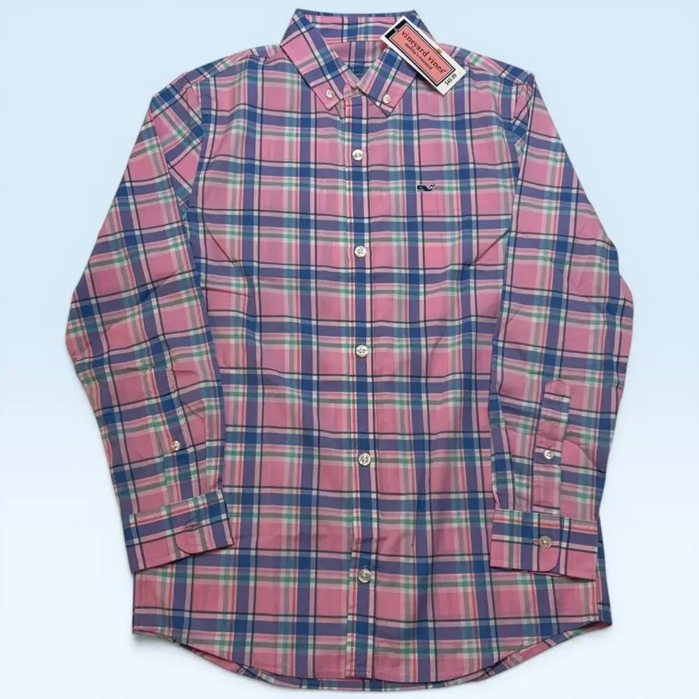 Vineyard Vines Shirt Boys S Pink Plaid Performance Whale
